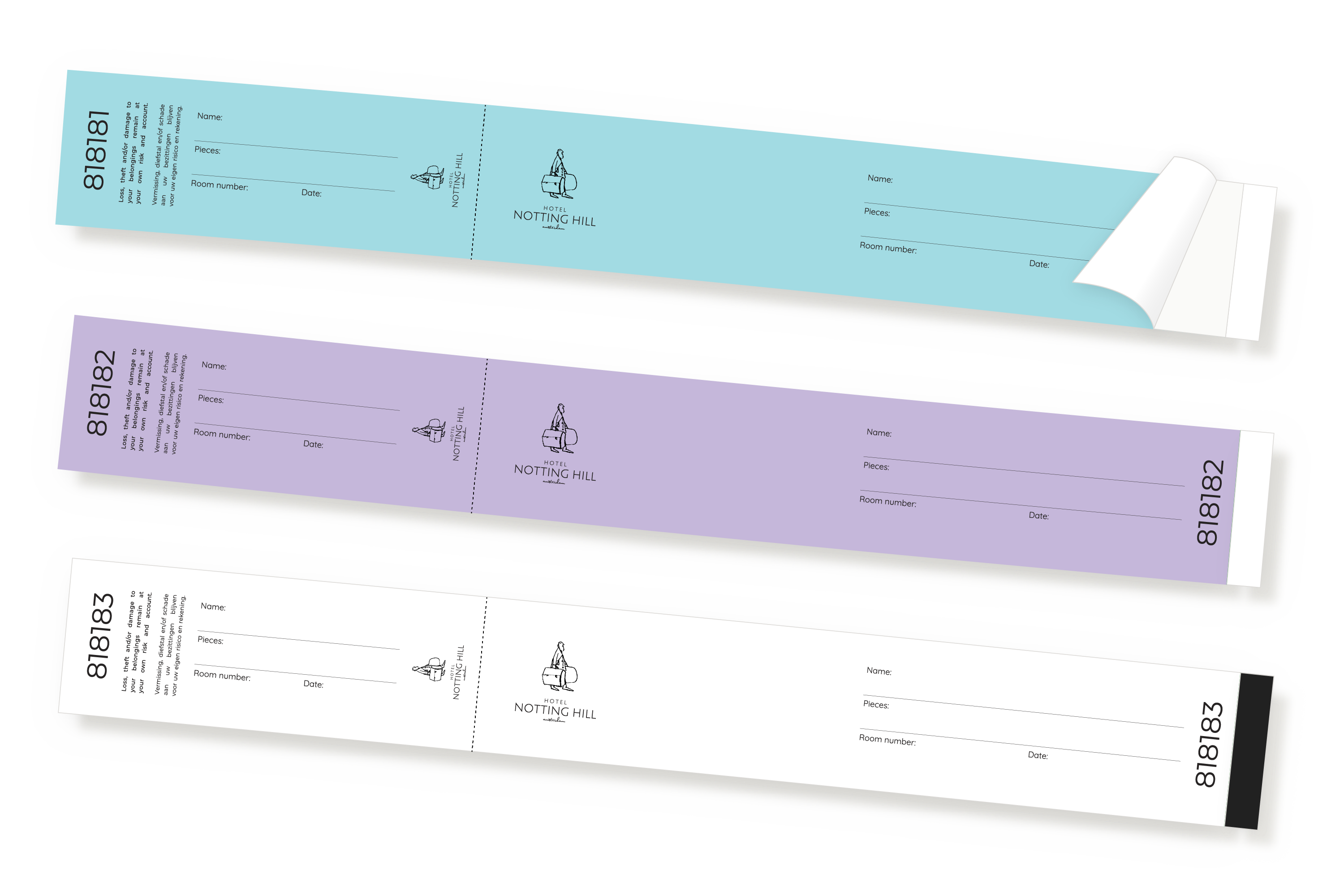 Hotel Notting Hill sticker luggage labels in blue, purple and white